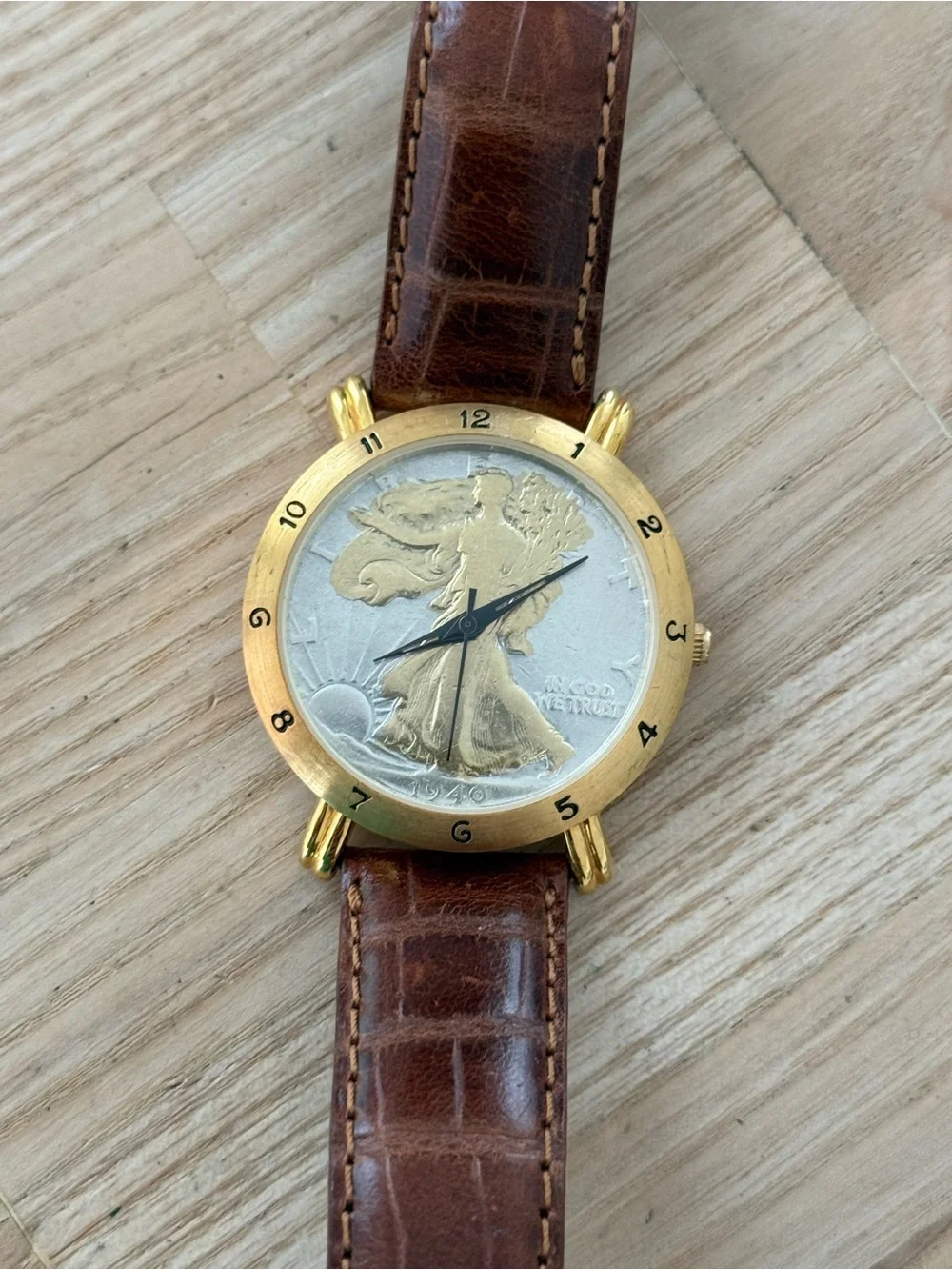 Brittania 1940 Walking Liberty Coin Watch Two-Tone Dial Gold Case Leather Strap